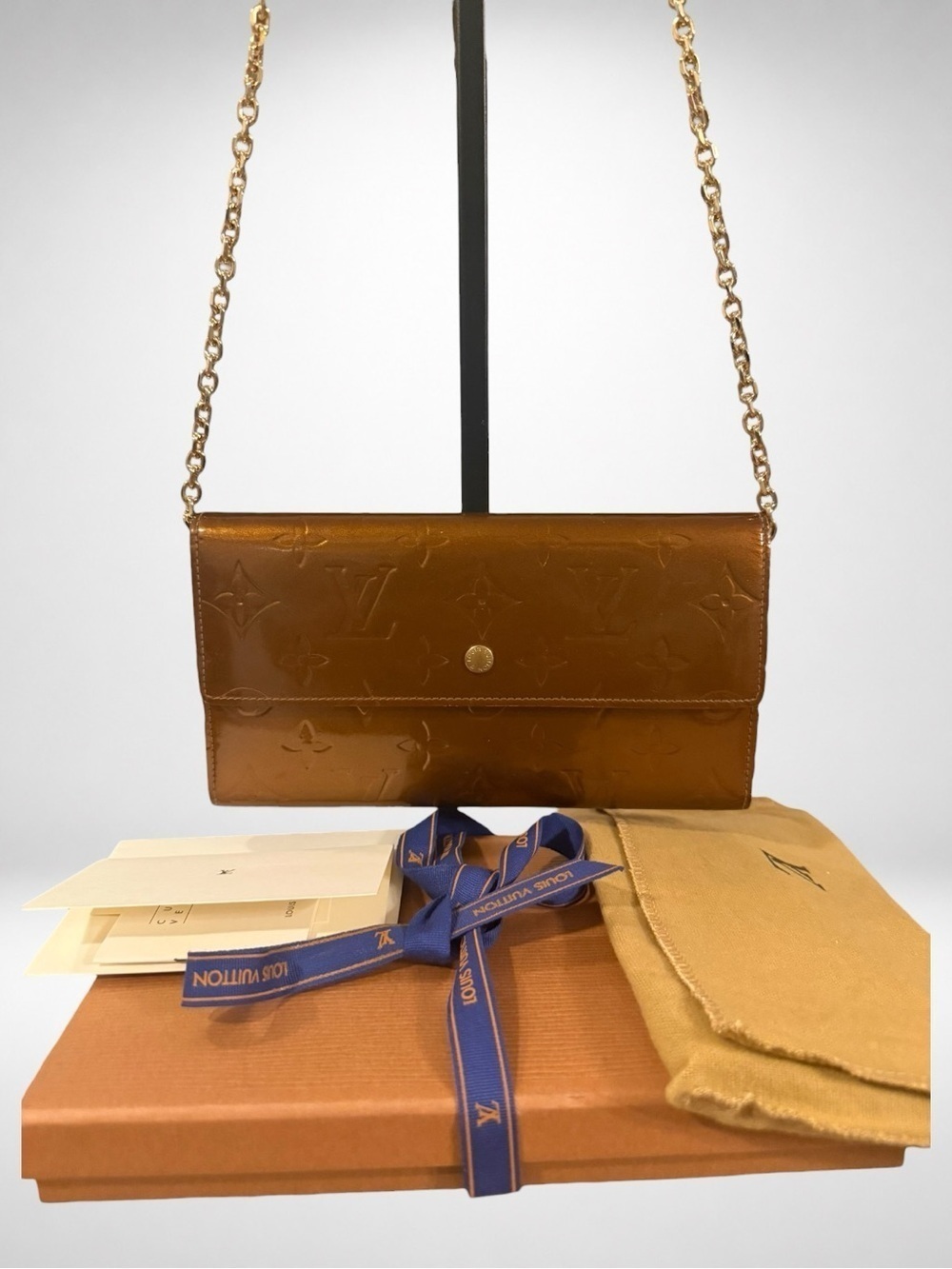 Louis Vuitton Authentic Bronze Monogram Vernis Wallet on Chain Clutch Crossbody